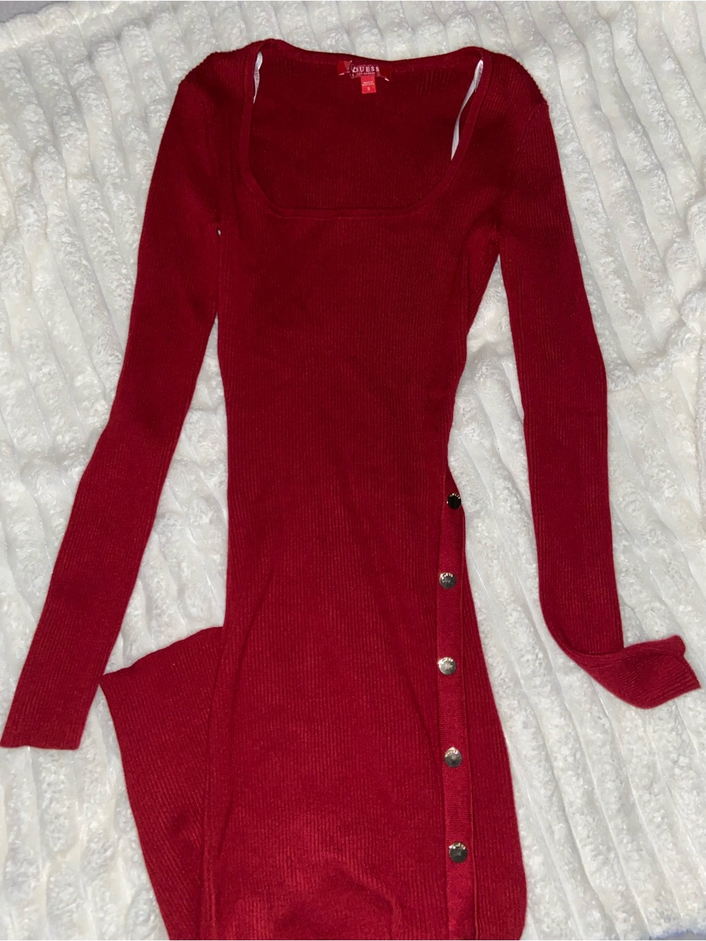 Guess Red Ribbed Long Sleeve Dress